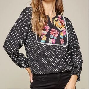 Savanna Jane Black White Pink Red Polka dot Floral Bohemian Blouse Casual Tops S